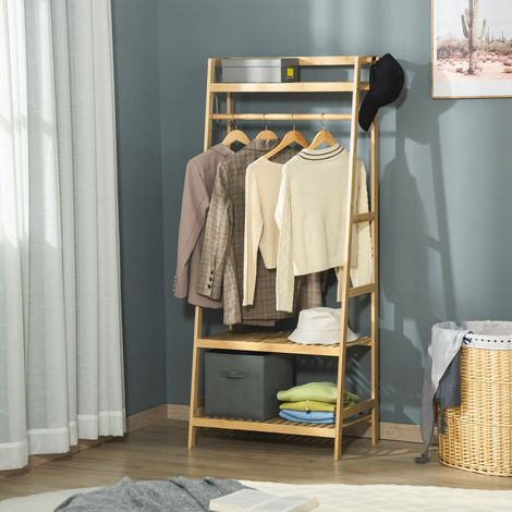 Porte-manteau bois en de bambou pour le sol - porte-manteau avec étagères pour le couloir et la chambre - 70x42x164cm (1/5)