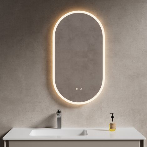 Miroir Salle de Bain avec éclairage LED 50x90cm,Ovale,Miroir Mural avec 3 Couleurs de Lumière Dimmables,Mémoire,Anti-Buée,IP44,Verre Trempé HD (1/5)