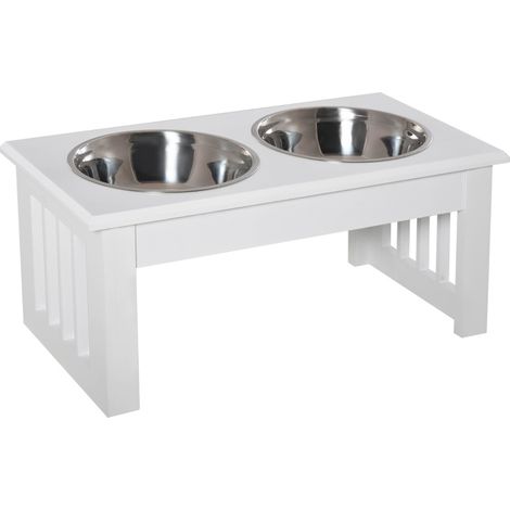 Erhöhter Futternapf für Hunde mit 2 Edelstahlnäpfen, weißes MDF, 44 x 24 x 15 cm (1/3)