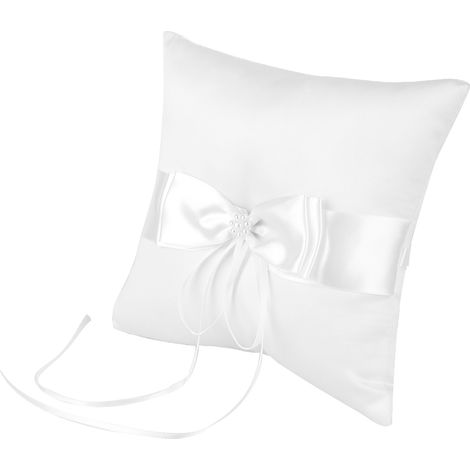 Oreiller de mariage blanc satin avec nœud papillon et perles simulées, porte-coussin pour alliances 15x15 cm (1/5)