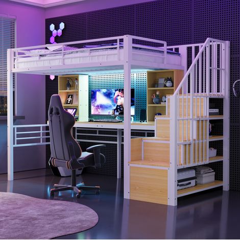 Letto a soppalco 90 x 200 cm bianco in MDF e metallo con scrivania e LED (1/5)
