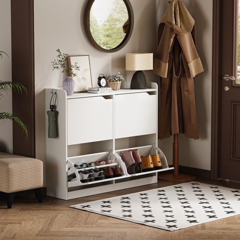 Meuble à chaussures étroit inclinable bois 4 abattants 4 compartiments sans poignées blanc (1/5)