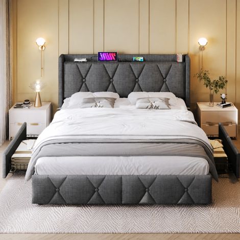 Lit double avec matelas 200x140 cm gris en tissu effet lin, 4 tiroirs et prises USB (1/5)