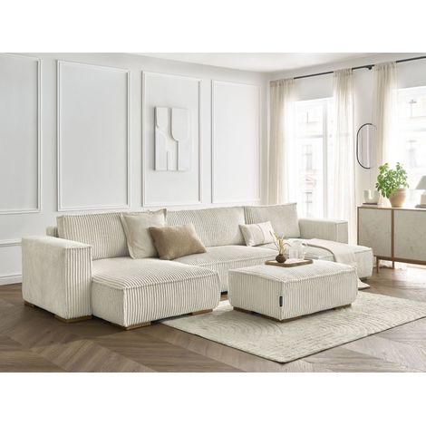 Bobochic – Canapé panoramique convertible avec coffre – 5 places – Revêtement gros côtelé doux – Pouf inclus – Longueur 380cm – Fabrication Europe (1/5)