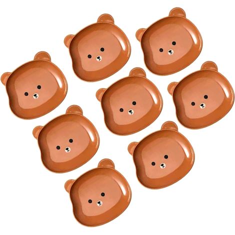 8-teiliges Untertassenset mit niedlichem Bärenmotiv und sanften, leuchtenden Farben. Ideal als Appetithäppchenteller für Partys, Abendessen oder Cafés. Braunes 8-teiliges Set mit Ständer. (1/5)