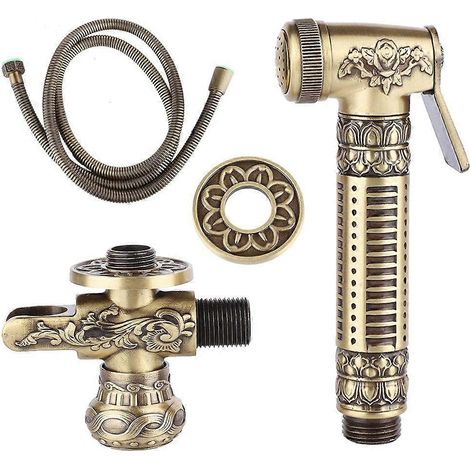Ensemble de douchette bidet en cuivre doré style antique (1 pièce) avec robinet et pommeau de douche à pression.