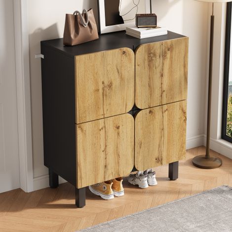 Meuble à chaussures 80x38.5x95 cm - Avec 4 portes - Étagères réglables - Pieds en fer noir - Naturel et noir