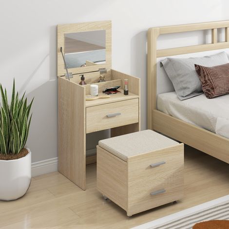 Table maquillage miroir Bois Bois rabat tiroirs tabouret tissu effet lin couleur
