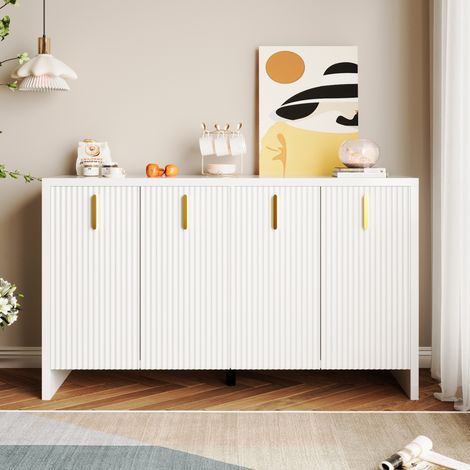 Credenza in truciolare bianco 140 x 38 x 80 cm con 4 ante, ripiano regolabile e maniglie dorate