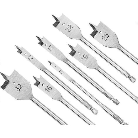 Jeu de 8 forets plats pour le bois, diamètres 6, 10, 13, 16, 19, 22, 25 et 32 mm, pour le travail du bois. (1/5)