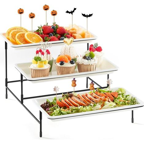 Serving Tray Plates, Meal Tray, Rectangular Plastic 30 x 17 cm, Buffet Stand, Cake Stand, Fruit Basket, Black Metal Stand (1/5)
