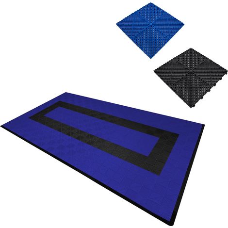 Carrelage de Sol Ventilée Modulaire Imbriqué & Bordures 90 Bleu & 30 Noir Garage Unique Double Tapis de Sol Showroom Ultra-Résistant Polypropylène Antidérapant Imperméable Drainage 3,2 x 6 M 19,2 m2