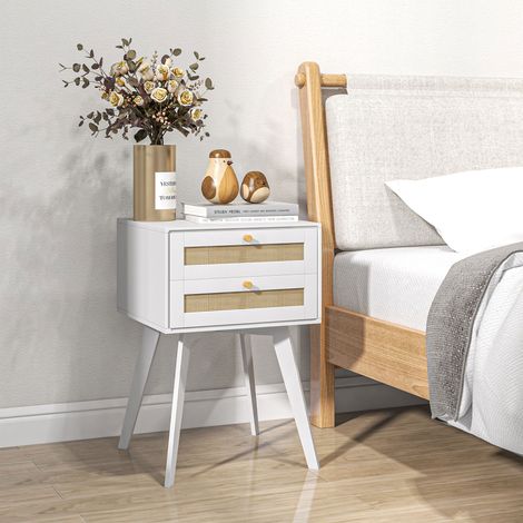 Table Chevet Tiroirs Petite Style Cannage Blanche 40x40x60cm