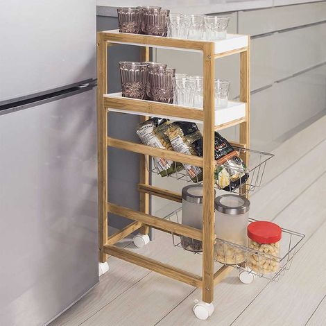 Carrello Cucina Slim Salvaspazio Legno Bambu 4 Ripiani 2 Vassoi 2 Cestelli Ruote
