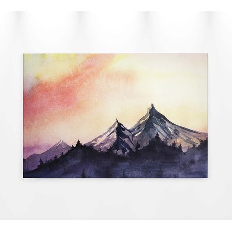 Tableau montagne & lever de soleil aquarelle | Tableau sur toile salon & chambre adulte | Tableau paysage montagne jaune orange & gris 0,9 x 0,6 m (1/5)