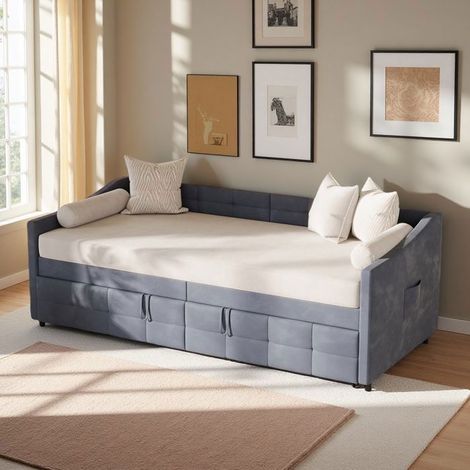 Lit Gigogne 90x200 cm - Sofá Cama Moderno - Terciopelo Gris - 2 Plazas - Mecanismo Hidráulico