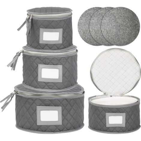 Relaxdays Scatole Porta-Piatti, set 4, 12 piatti ciascuna, ø 19-32 cm, poliestere, feltro, vano etichette, grigio (1/5)