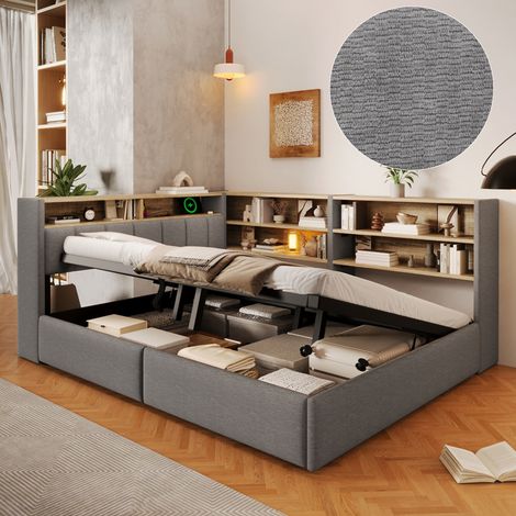 Lit coffre 140x200 cm, lit double avec rangement hydraulique et sommier relevable, LED APP avec USB-A et USB-C, module latéral en velours gris (1/5)