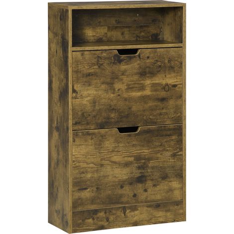 HOMCOM Rustic 2 Flip Door Shoe Cabinet with Adjustable Divider and Open Shelf (1/5)