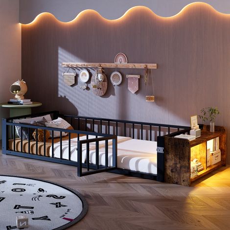lit enfant couchage rangement 90x200 métal noir OKMYHOME (1/5)