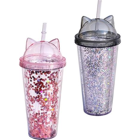 Glitzernder Wasserbecher – Doppelwandig – Für den täglichen Gebrauch – Mit Katzenohren – 2 x 400 ml – Grau-Rosa (1/5)