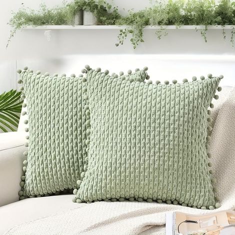 Ensemble deux housses de coussin à franges pompons, tissu velours côtelé, décoration salon style campagne moderne 45x45cm (1/5)