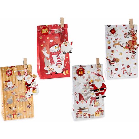 Sachets cadeau de Noël en papier avec pince, étiquette, sticker et cordelette, lot de 40, 12 x 8 x H. 22,5 cm