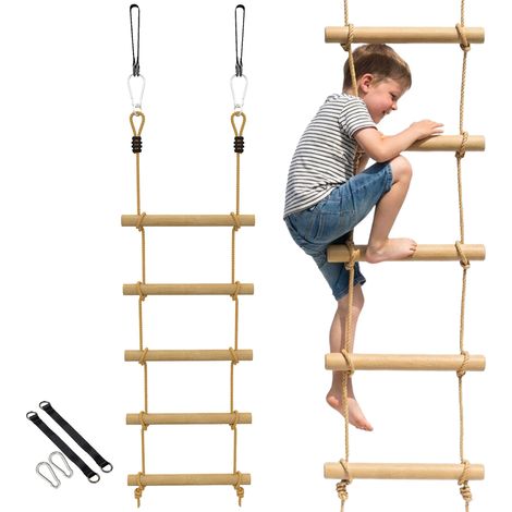 Échelle à 5 barreaux pour enfants de 3 à 8 ans avec boucles et sangles, en bois et PE, couleur bois (1/5)