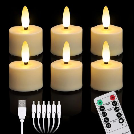 Lot de 6 bougies chauffe-plat LED rechargeables, bougies sans flamme avec télécommande de minuterie et 6 ports de charge USB, lumière vacillante blanc chaud, décoration d'Halloween, Noël, (1/5)