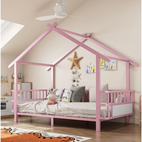 Lit cabane enfant 90x200 cm avec barrières de sécurité, toit ouvert, structure stable en métal rose (1/5)