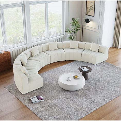 Sofá modular curvo de seis plazas, diseño inspirado en teclas de piano, con 2 cojines, chenilla beige
