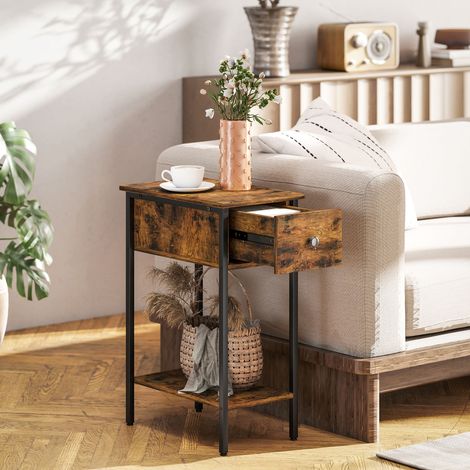 Table d'appoint avec compartiment ouvert et tiroir, table de chevet, pieds en métal, bois, marron (1/5)