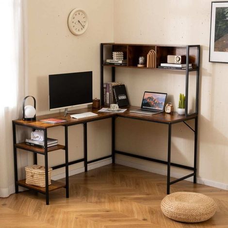 Bureau d'angle informatique marron rustique avec grand plateau, étagères et crochet pour casque, pour bureau et salle de jeux