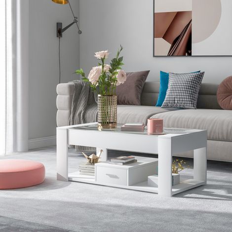 Tavolino da caffè 100x50x40 cm con Piano Vetro, 2 Cassetti, Ripiani, Multifunzione, Truciolato Bianco, per la Casa (1/5)