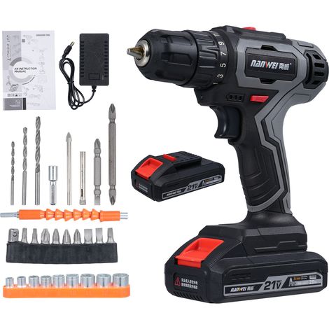Perceuse sans fil à 2 vitesses, kit perceuse électrique 21V, 2 batterie 2000mAh, réglage couple 25+1 positions, perçage bois métal mur, bricolage DIY maison (1/5)