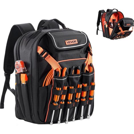 Sac à Dos à Outils VEVOR 45 Poches avec Compartiment Ordinateur Portable en Tissu Oxford 1680D Charge 22,7 kg Noir et Orange (1/5)