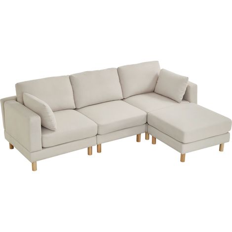 Canapé d'angle 3 places avec ottoman, tissu beige, méridienne modulable gauche/droite, style nordique, pieds bois, pour salon moderne et familial CHICFURN (1/5)