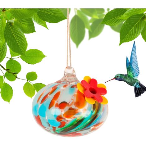 Une mangeoire à oiseaux décorative en verre avec carillon et motif floral - parfaite pour la décoration du jardin et de la terrasse. (1/3)