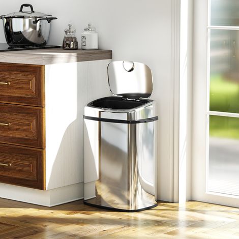 Poubelle automatique 50L en acier inoxydable argenté, capteur infrarouge avec ouverture mains libres, 2 modes, idéale pour cuisine et bureau. (1/5)