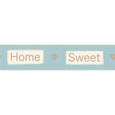 DISCONTINUED Wallpaper Border Home Sweet Home Love hearts Polka Dots Light Blue White (1/2)