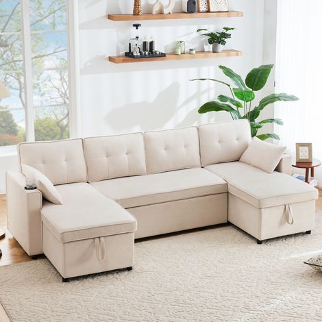 Sofá cama U con almacenaje de algodón y lino beige OKMYHOME (1/5)