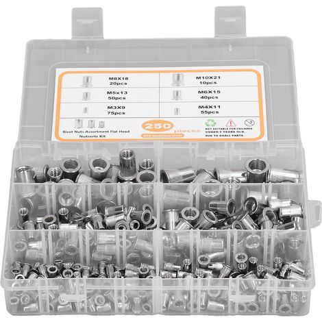Kit surtido de tuercas remachables de cabeza plana (acero inoable 304), 250 piezas - Tamaños M3, M4, M5, M6, M8, M10 (1/5)