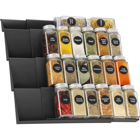 Organisateur d'épices pour tiroir, largeur réglable 30-60 cm, 4 niveaux, plastique noir (1/5)
