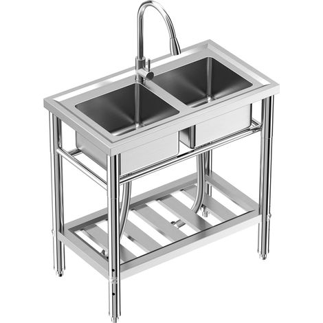 Évier double bac autoportant acier inoxydable 83,82 cm avec tuyaux d’arrivée d’eau pour extérieur (1/5)