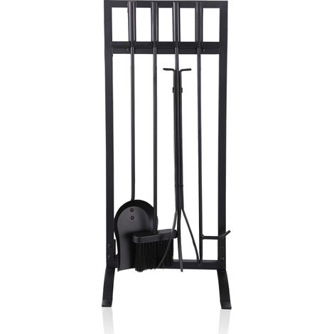 Ensemble d'accessoires de cheminée, 5 pièces, tisonnier, pelle à cendres, balai, pince et support, fer, noir (1/5)