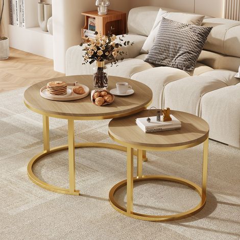 Authmic – Lot de 2 tables basses gigognes rondes en bois naturel et métal doré – Résistantes aux rayures et à la chaleur – Pour salon, chambre, balcon