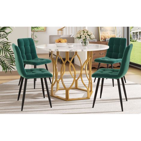 Table de salle à manger ronde 100 cm avec 4 chaises velours vert foncé, plateau MDF blanc, piètement doré