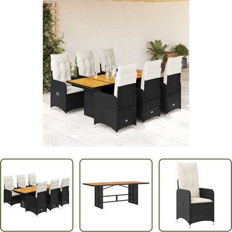 Gartentisch -  7-tlg. Garten-Bistro-Set mit Kissen Schwarz Poly Rattan (1/5)