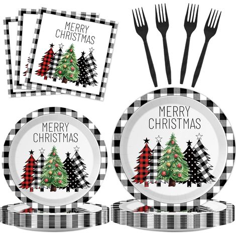 Assiettes En Papier - Serviettes Et Fourchettes Jetables - Motif Carreaux Buffalo Plaid Noir Et Blanc - Pour Fête De Noël - Lot De 96 Pièces (1/5)