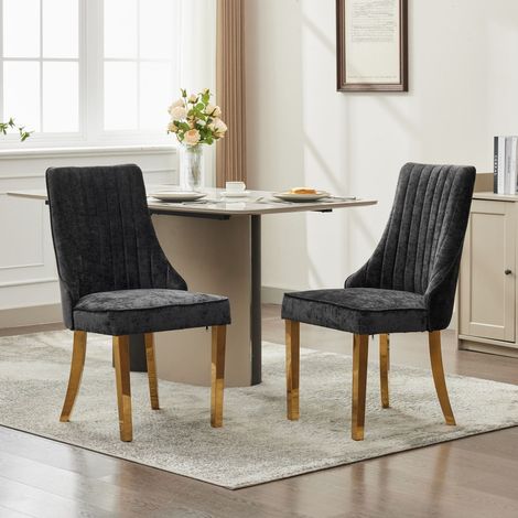 Chaises de salle à manger - Tissu velours chenille - Dossier à canaux - Pieds acier doré - Lot de 2 - Noir (1/5)